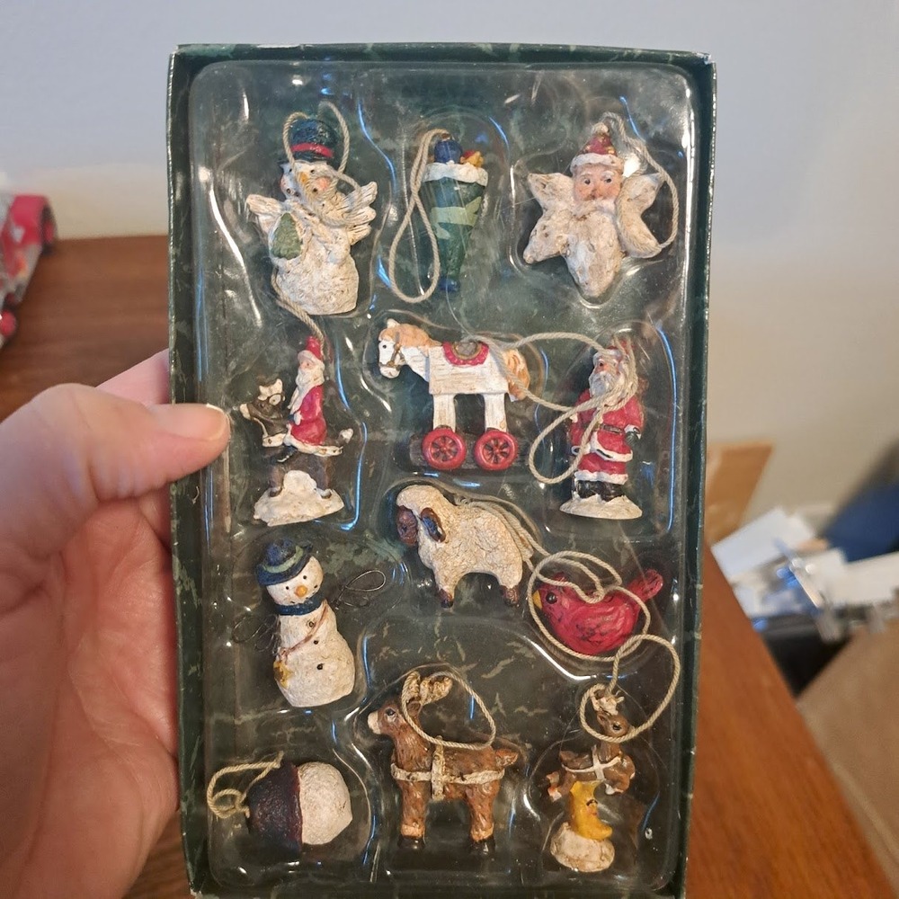 Kurt S Adler Miniature Christmas Ornament Set 12pc Folk Art H3416 Santa Snowman